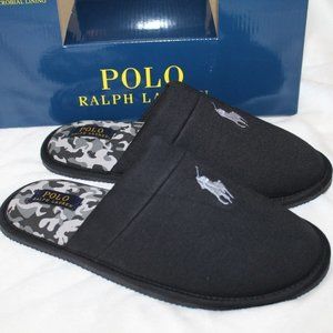 NIB POLO RALPH LAUREN MEN'S SCUFF SLIP ON SLIPPERS BLACK GRAY CAMOUFLAGE